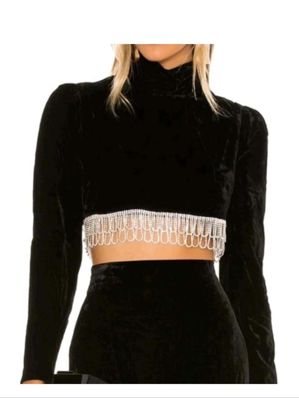 Camila Coelho Size S Black Velvet Cropped Rhinestone Hem Top 150.00